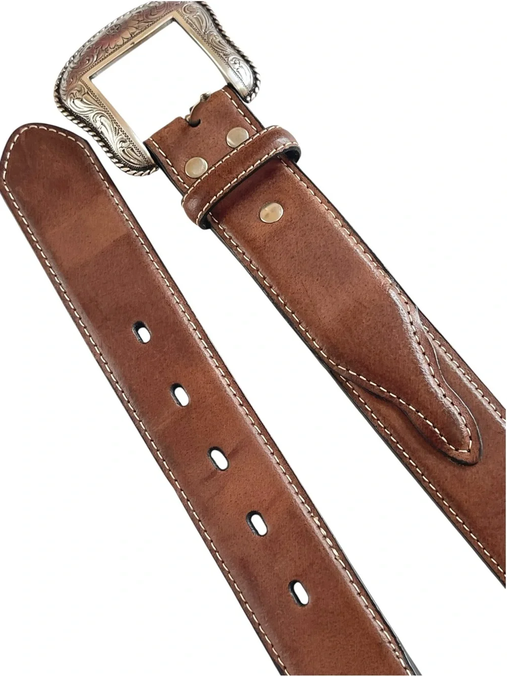 Nocona Western Cognac Brown Genuine Leather Belt Silver Buckle Size 32